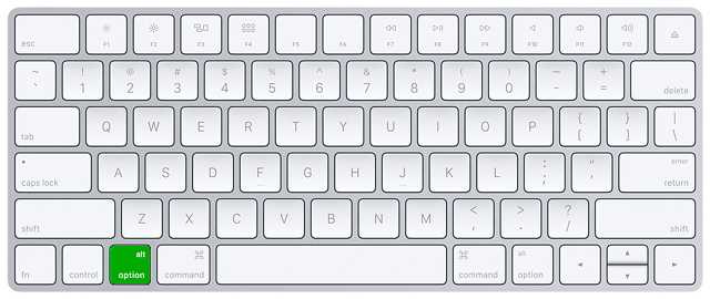 'Option' or 'alt' key in the bottom left of Mac keyboard